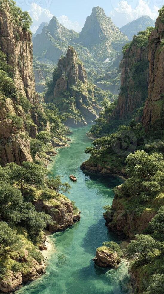 Lush river winding through rocky mountains under a clear blue sky during midday photo