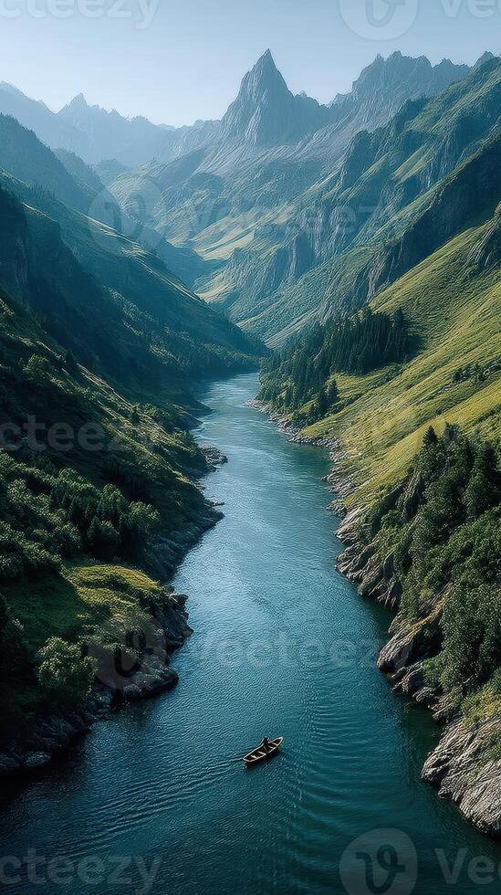 Lush mountainous landscape with a tranquil river and a small boat navigating through the serene valley during daytime photo