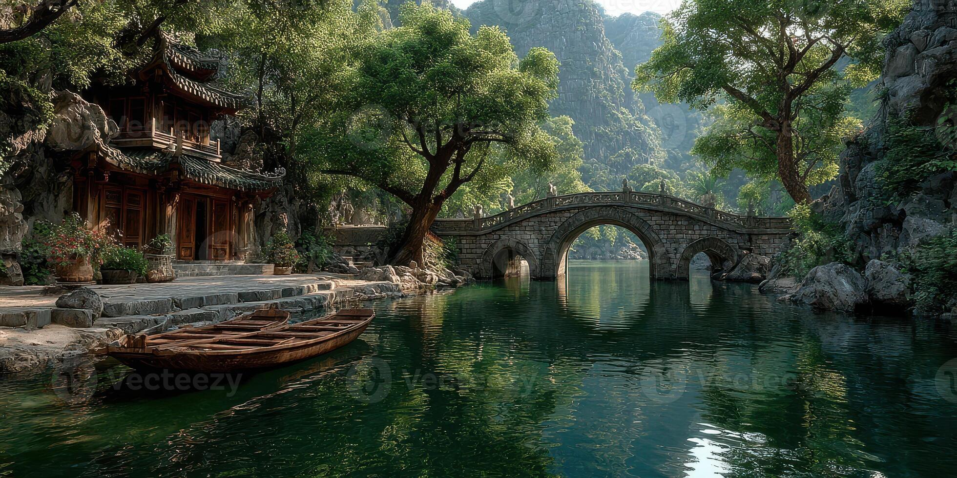 Serene waters reflecting ancient architecture near a stone bridge surrounded by verdant mountains in a tranquil landscape photo