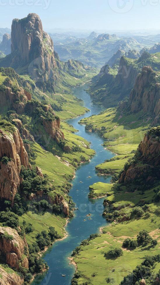 Scenic river winding through lush valleys and rugged mountains under clear sky at midday photo