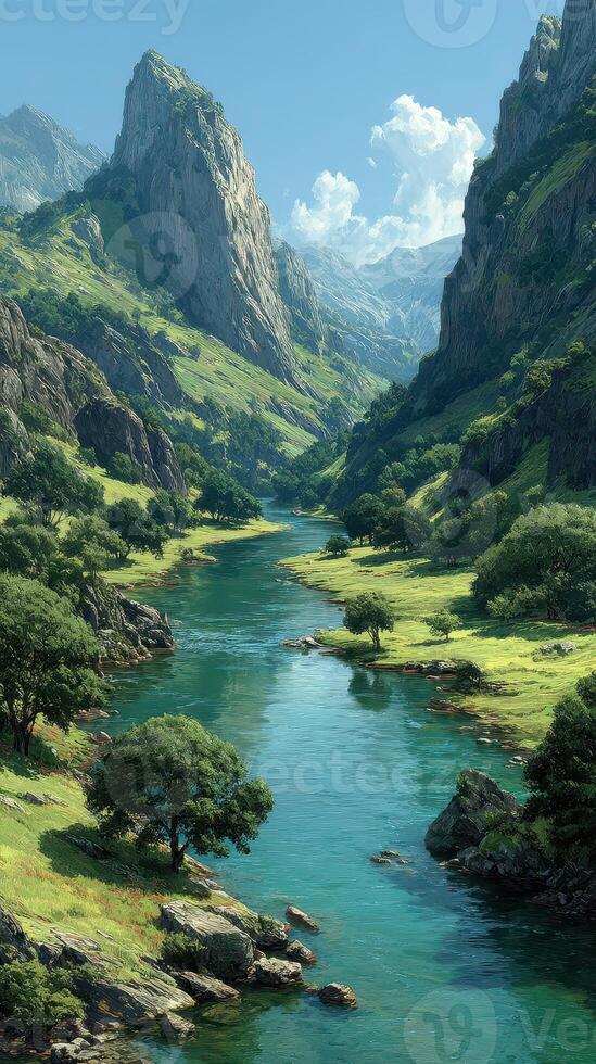 Majestic river flowing through lush valleys and towering mountains under a clear blue sky in a serene landscape photo