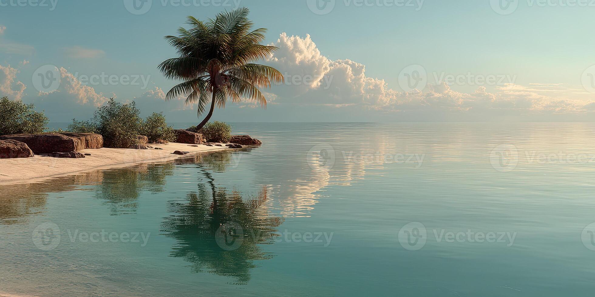 Calm beach landscape with clear water and a single palm tree on a sunny day photo