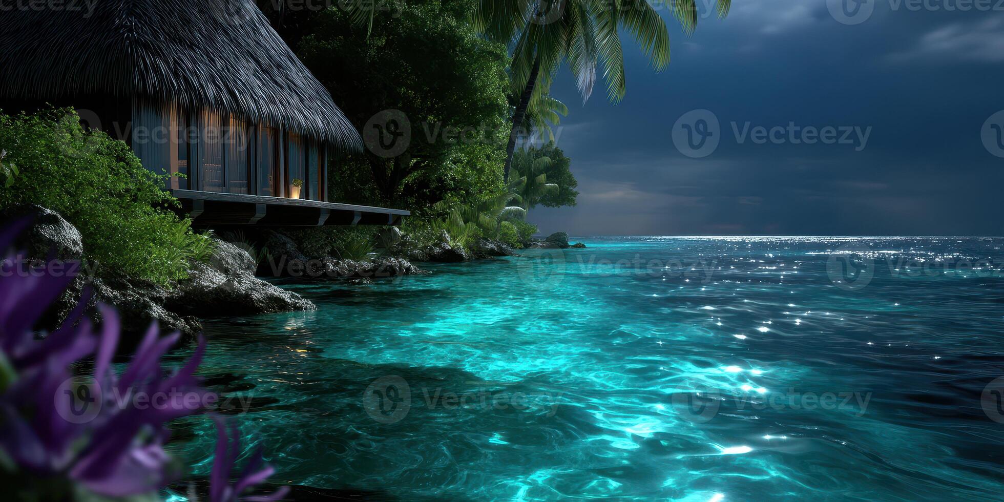 Serene night by the tropical shoreline with glowing waters and island cabins photo