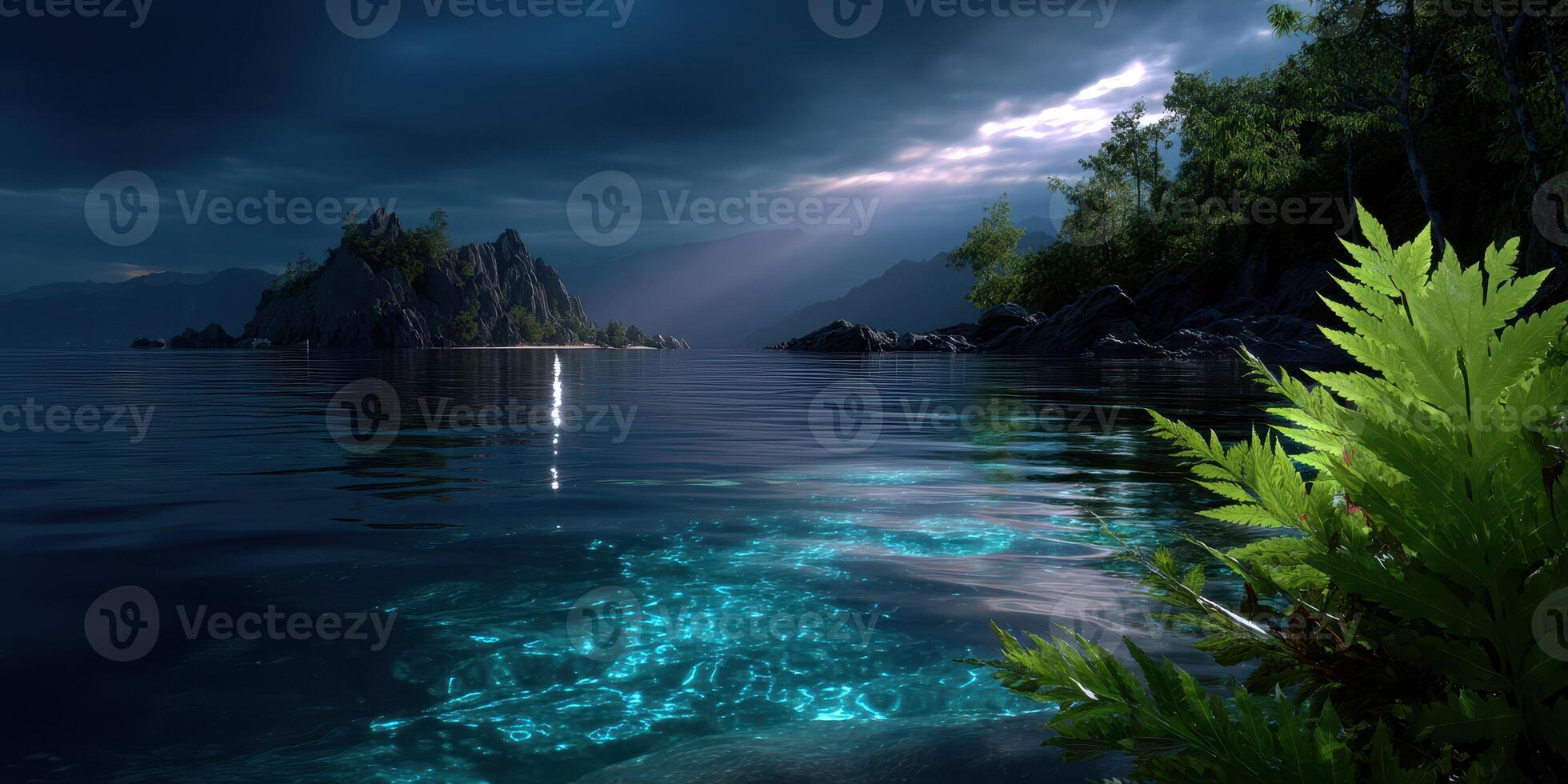 Tranquil lake at twilight reflecting moonlight with lush greenery along the shore photo
