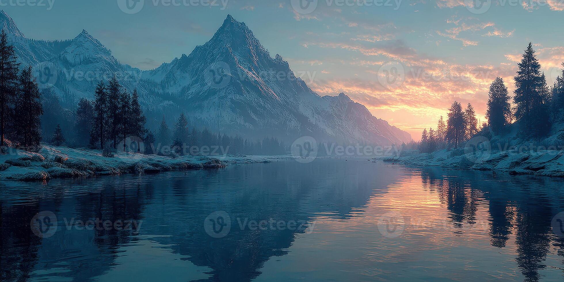 Majestic mountain landscape at twilight with serene river reflection photo