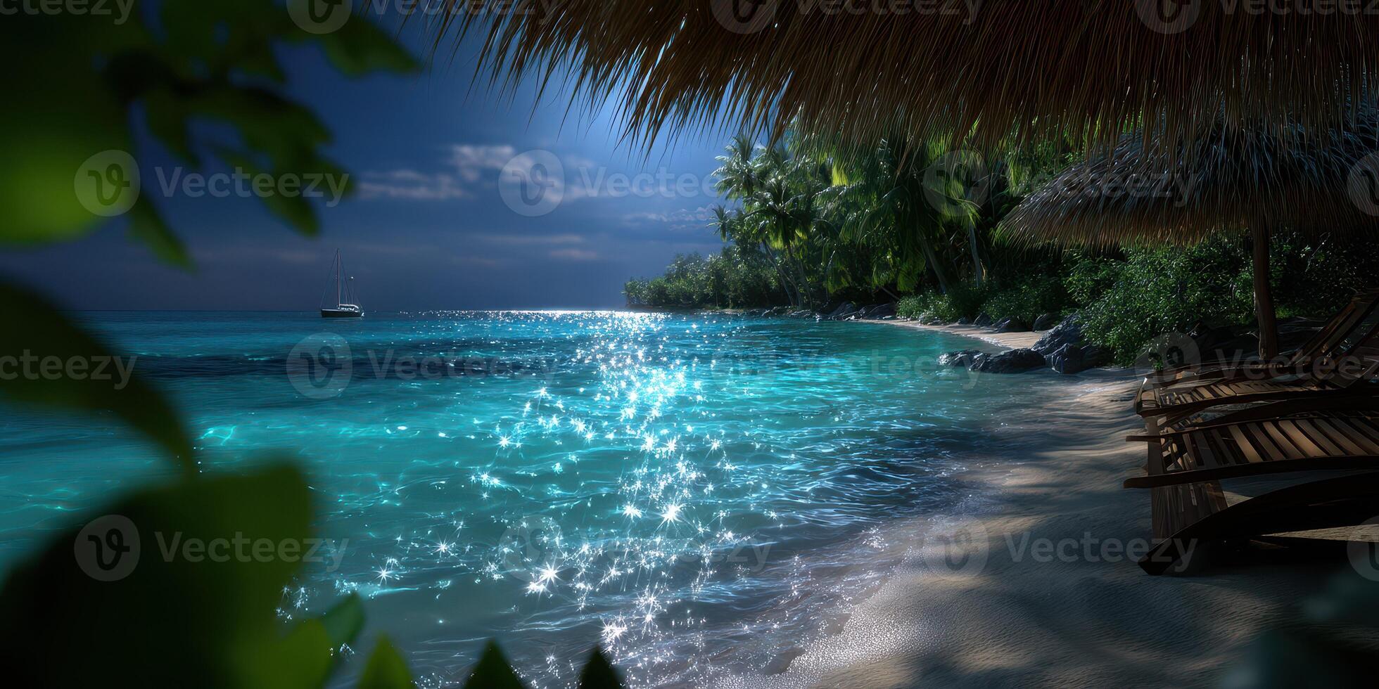 Sparkling ocean waves on a tranquil beach under a moonlit sky in a tropical paradise photo