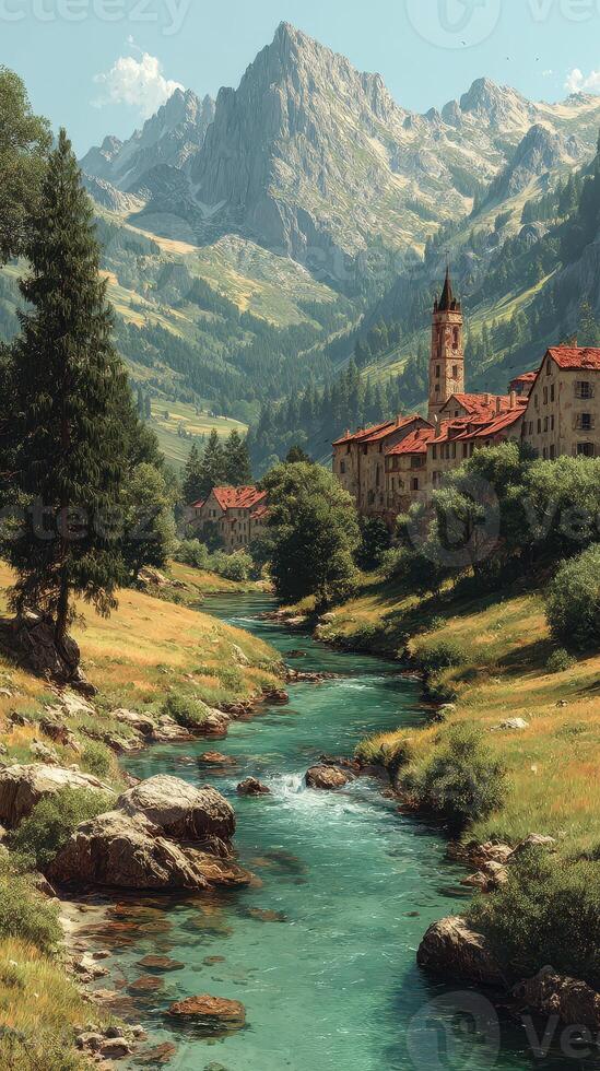 Majestic mountain landscape with serene river and historic village under clear skies in the afternoon photo