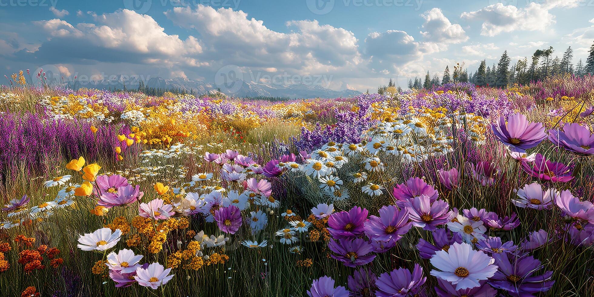Vibrant wildflower field in the mountains during springtime under a clear sky filled with fluffy clouds photo