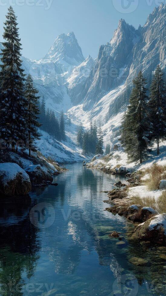 Snowy mountain landscape with a serene river reflecting the peaks during a clear winter day photo