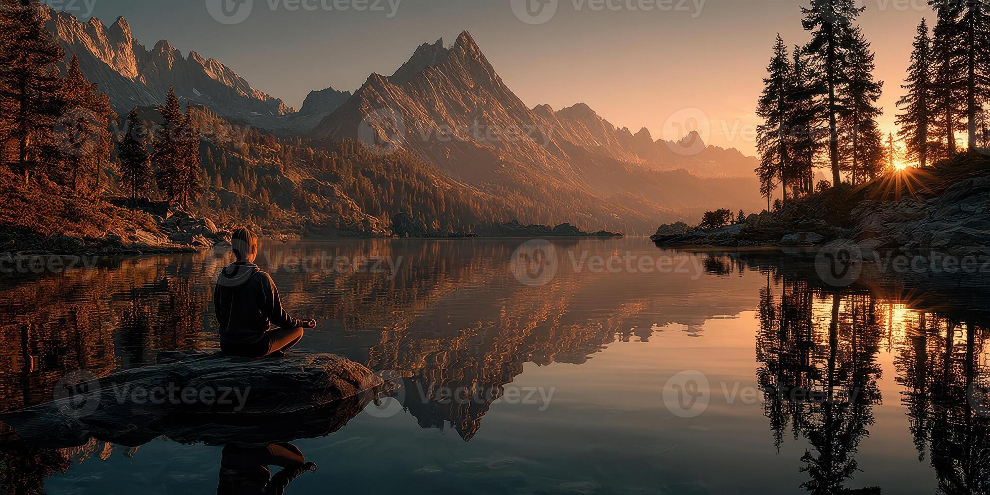Meditation at sunrise by the tranquil lake surrounded by mountains and tall trees photo