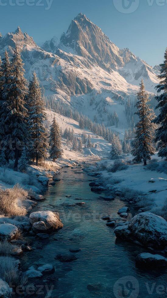 Snow-covered mountains and a serene river flowing through a winter landscape at dawn photo