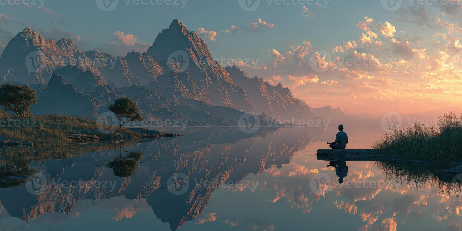 Peaceful sunset reflection over calm water with mountains in background and person meditating photo