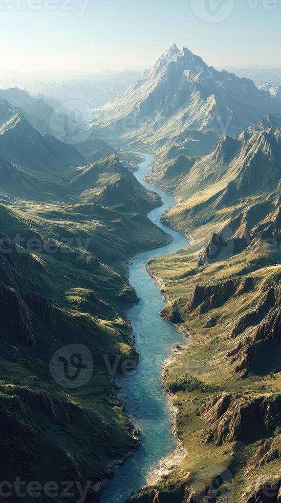 Breathtaking aerial view of a winding river through rugged mountains at sunrise photo