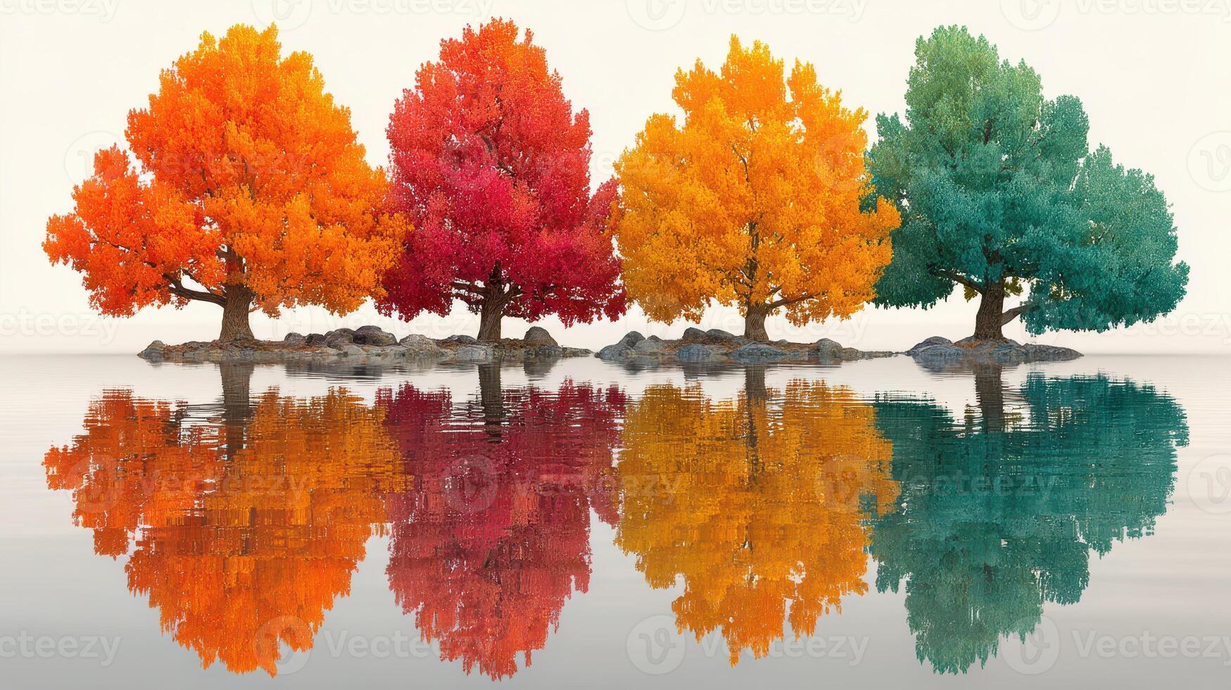 Vibrant autumn trees reflect in tranquil water in a serene landscape at sunset photo