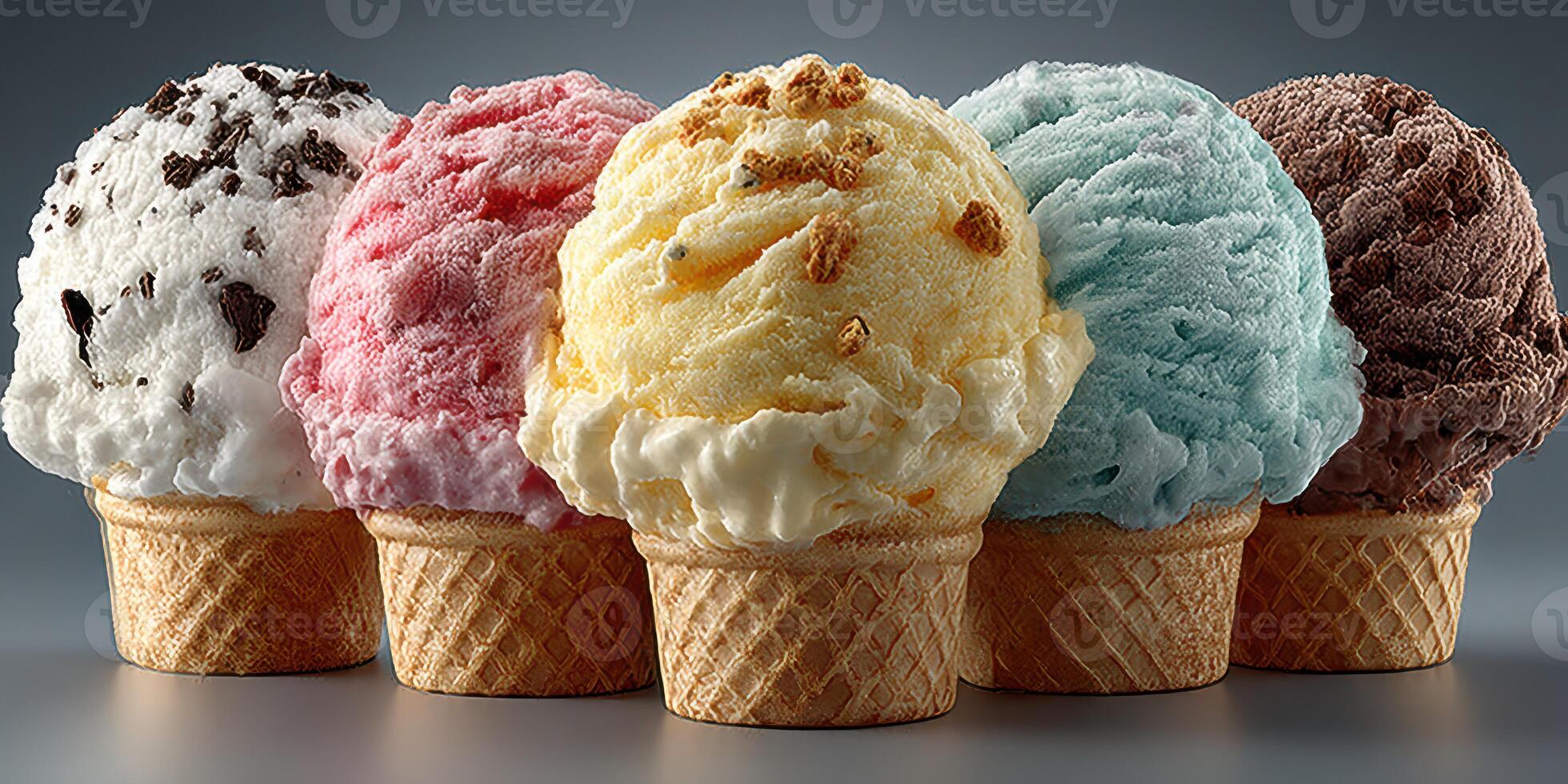 Delicious ice cream scoops arranged in colorful cones on a textured background photo