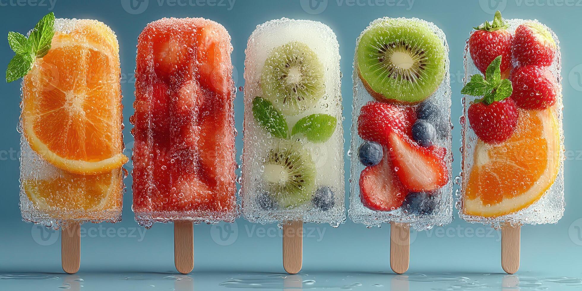 Colorful fruit popsicles filled with fresh ingredients and vibrant textures on a light background photo