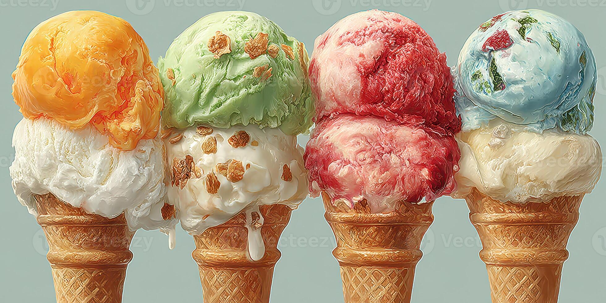 Colorful ice cream cones displayed with various flavors in a creative arrangement at a summer gathering photo