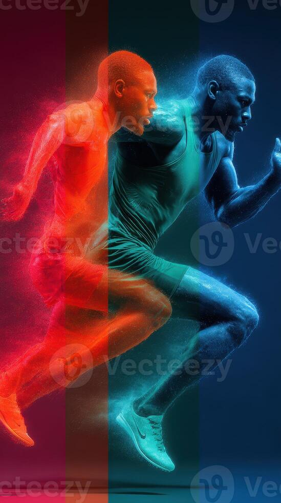 Dynamic athletic movement captured in vibrant colors during a sprinting competition featuring a runner in action photo