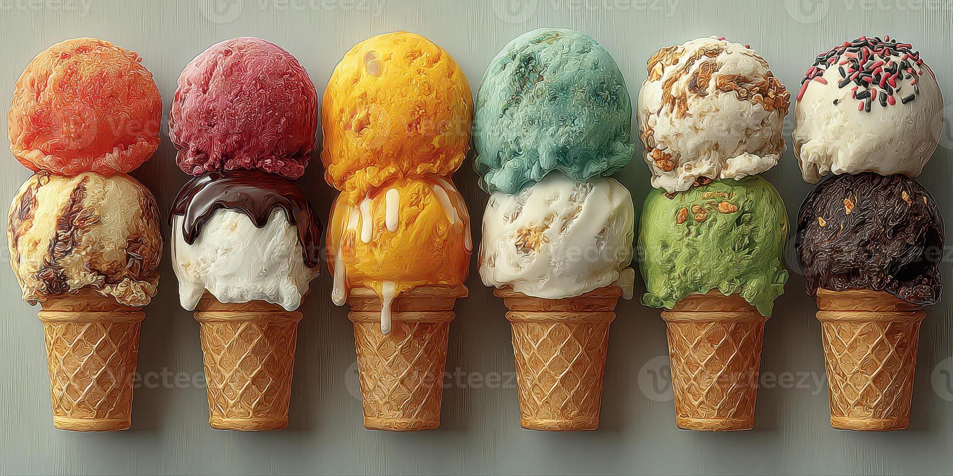 Colorful ice cream cones displayed in a row with various flavors and toppings on a light background photo