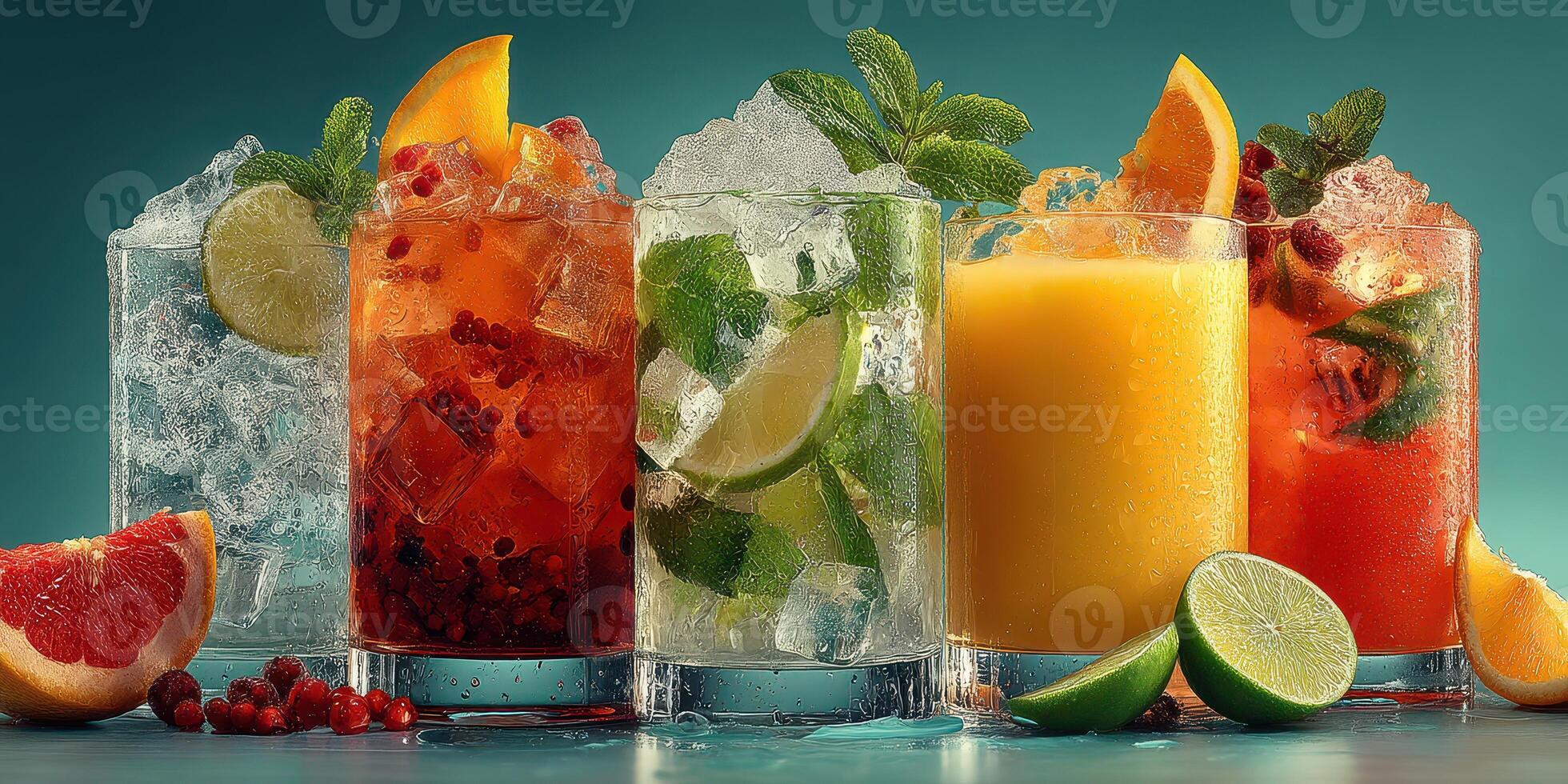 Refreshing fruit cocktails with ice displayed on a vibrant background during a summer gathering photo