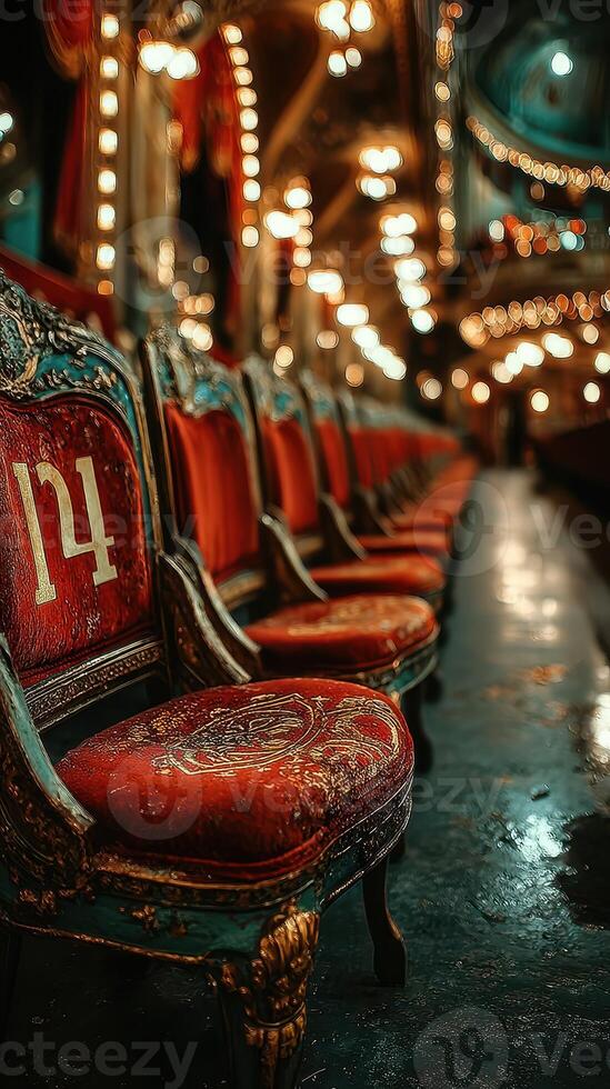 Old ornate chairs in vintage theater waiting for audience at night event photo