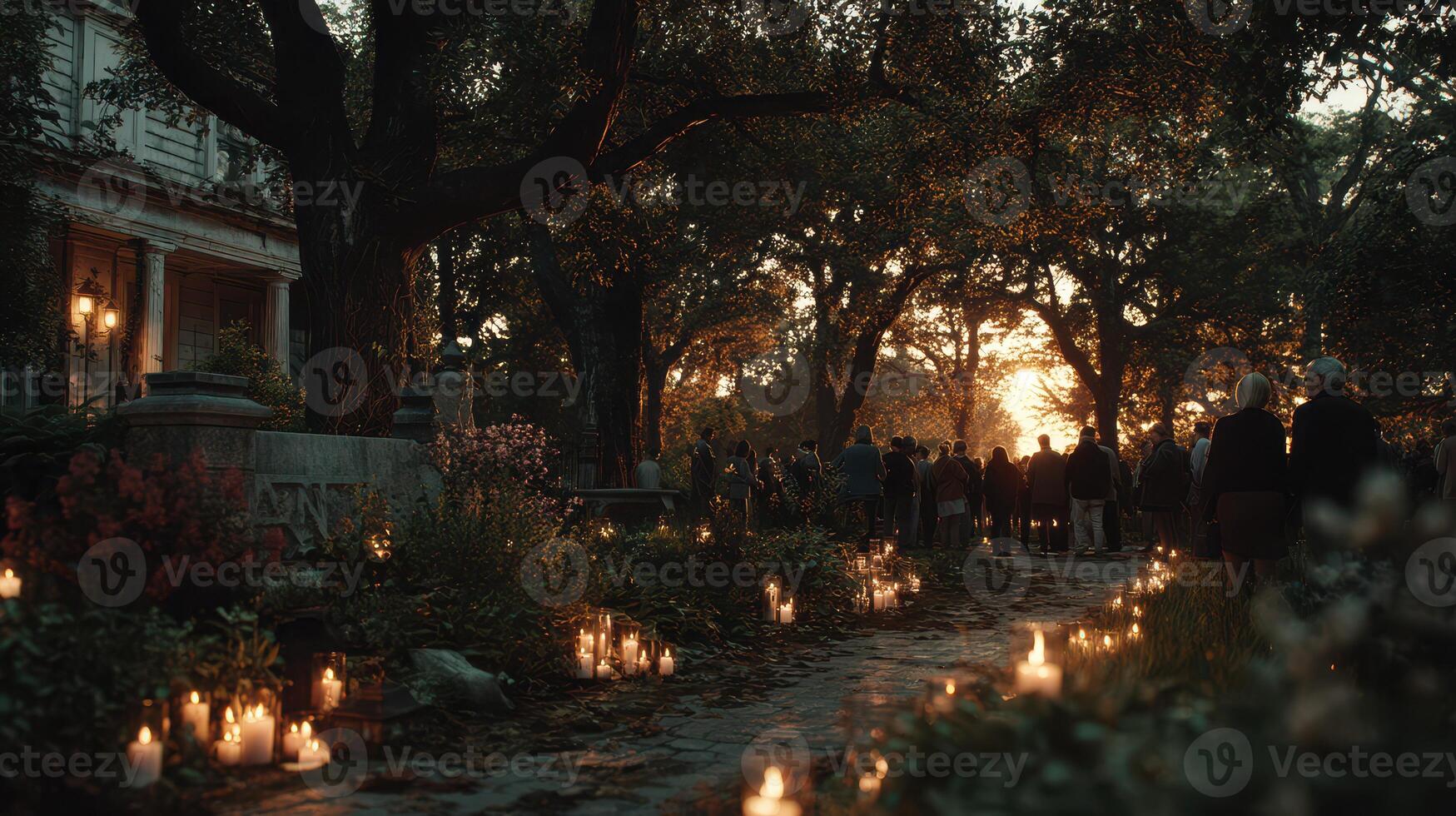 Gathering of people at sunset with candles along a path in a serene outdoor location photo