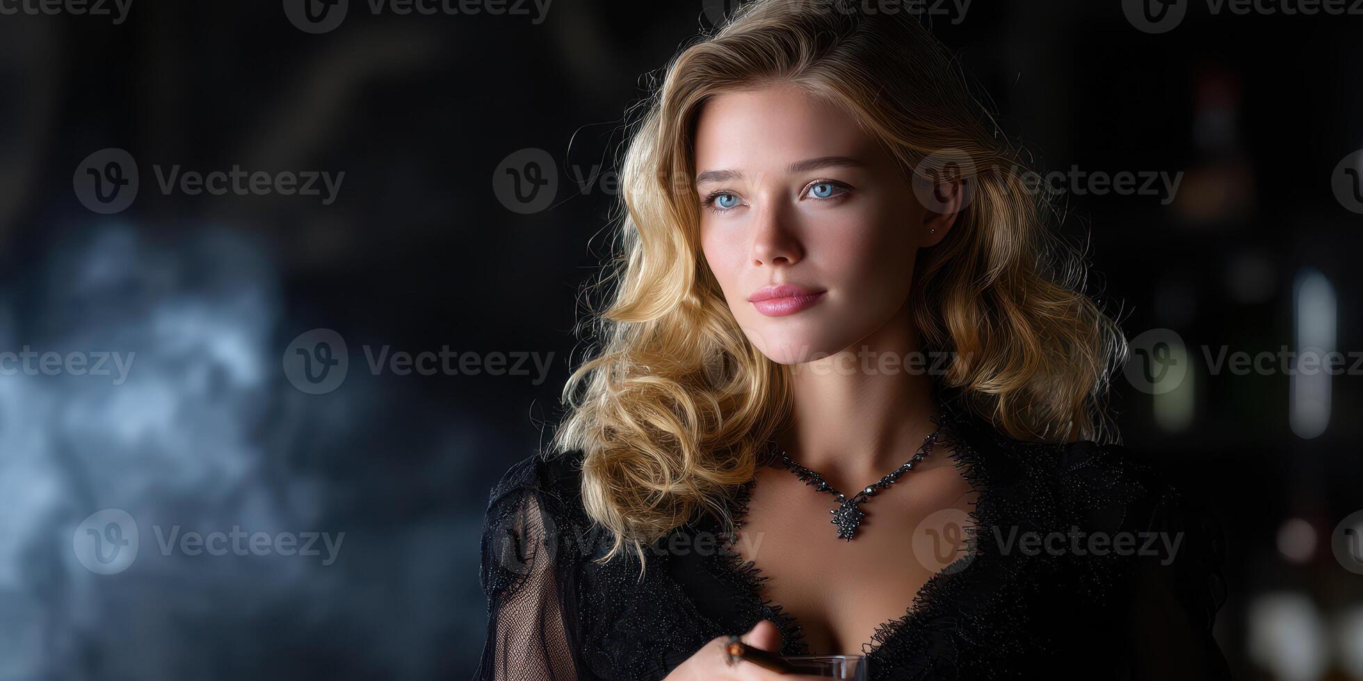 Model posing elegantly while holding a drink against a dark, atmospheric background photo