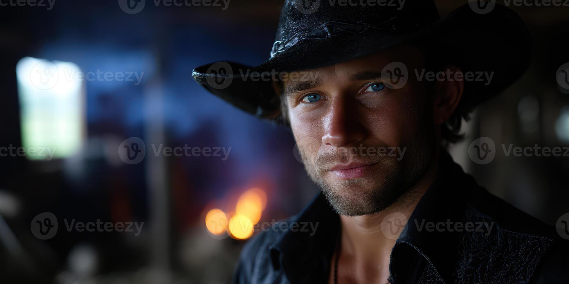 Portrait of a confident cowboy in a rustic setting with warm lighting and intriguing background elements creating a captivating atmosphere photo