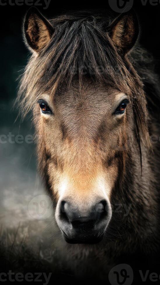 Close-up view of a horse displaying rich details of the mane and face in a moody environment during late afternoon light photo