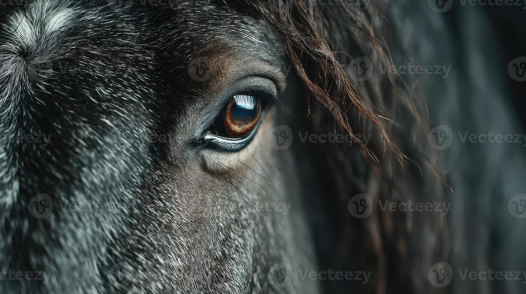Close-up view of a horse's eye showcasing its striking features and natural beauty in soft lighting photo