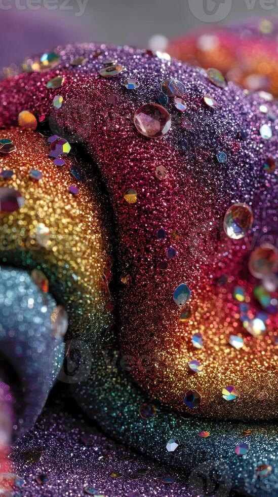 Vibrant glitter fabric with sparkling gems draped elegantly on a surface showcasing a burst of colors photo