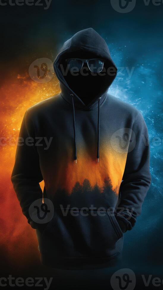 Mysterious figure in a dark hoodie with vibrant color background showcasing creativity and style photo