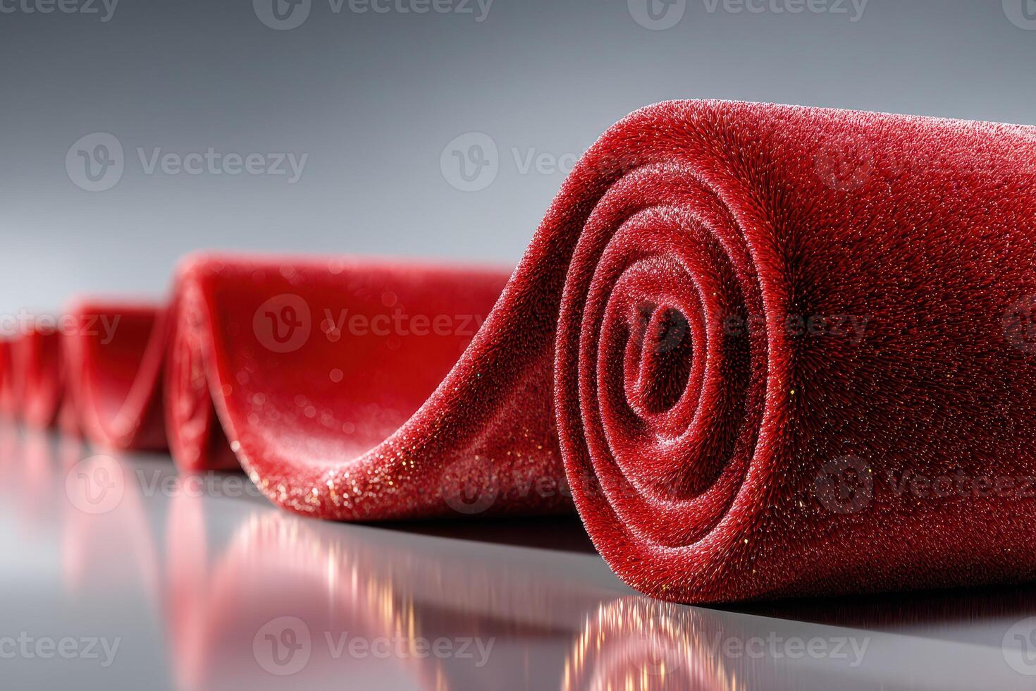 Vibrant red fabric rolls arranged elegantly on a reflective surface in a studio setting photo