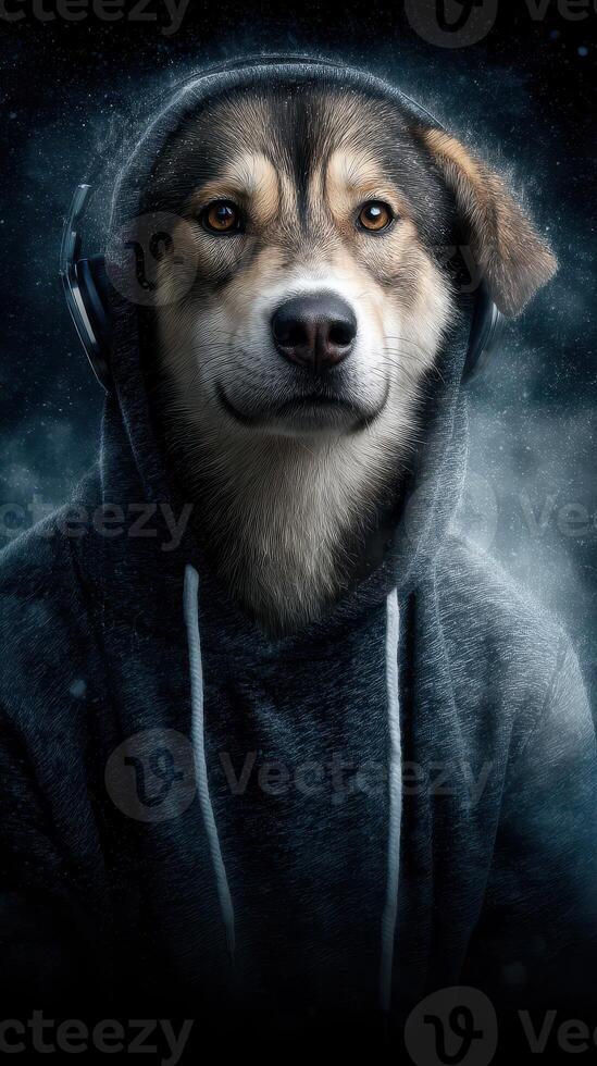 Dog wearing headphones and a hoodie smiles against a dark, starry background while listening to music at night photo