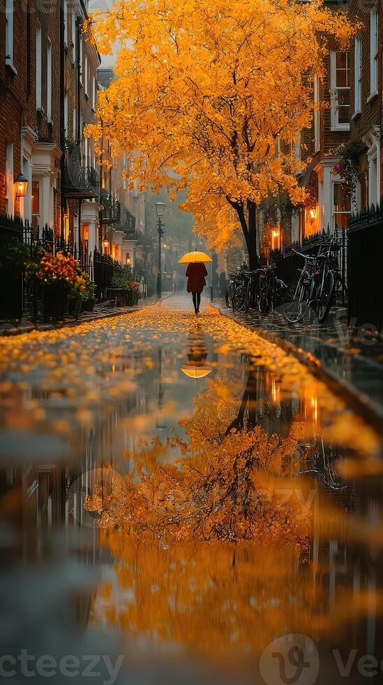 Colorful autumn street scene with a person under an umbrella in a picturesque neighborhood photo