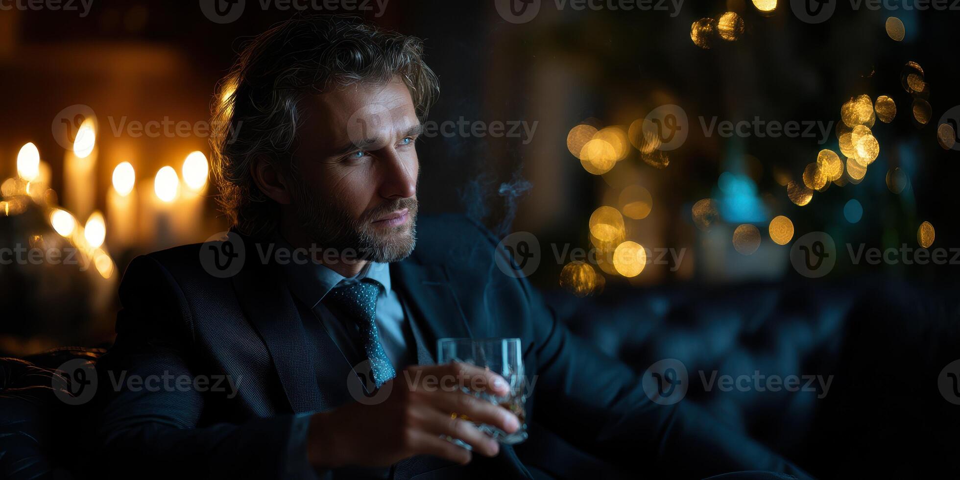 Elegant man in formal attire enjoys an evening drink in a softly lit lounge setting during a relaxed gathering photo
