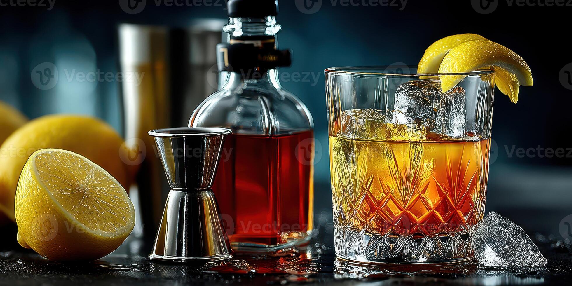 Refreshing cocktail with whiskey, ice, and lemon on a dark bar countertop during the evening photo