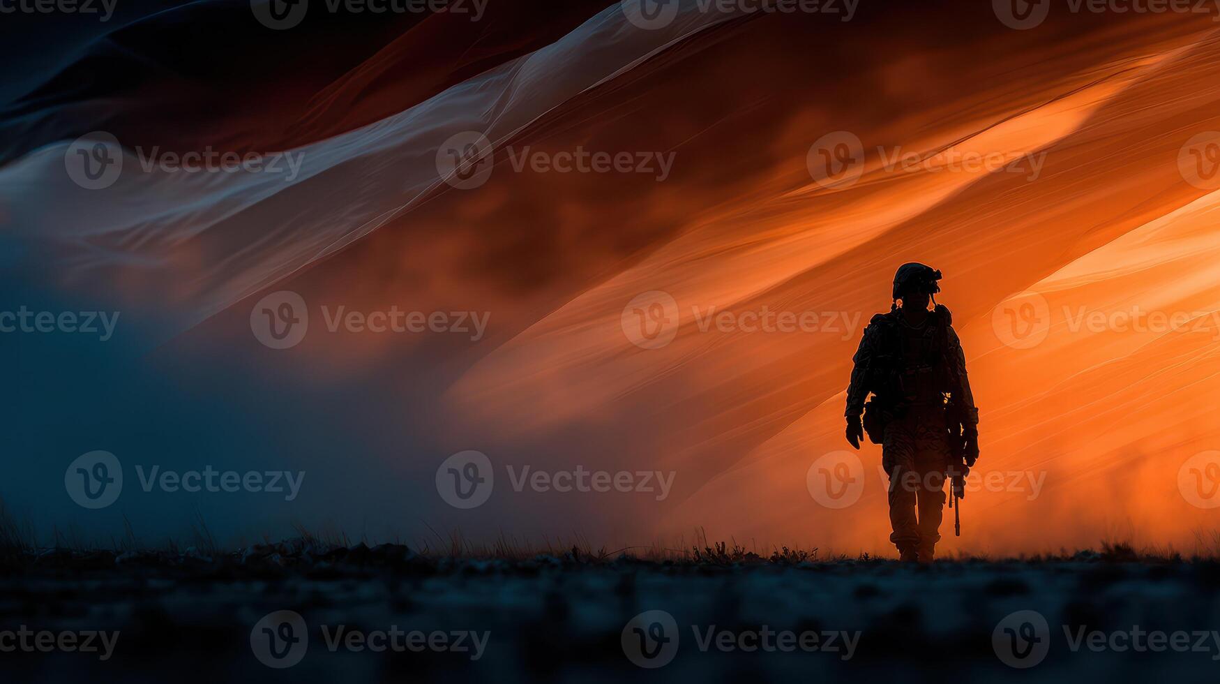 Soldier walking against a dramatic backdrop of swirling colors at dusk in a serene landscape photo
