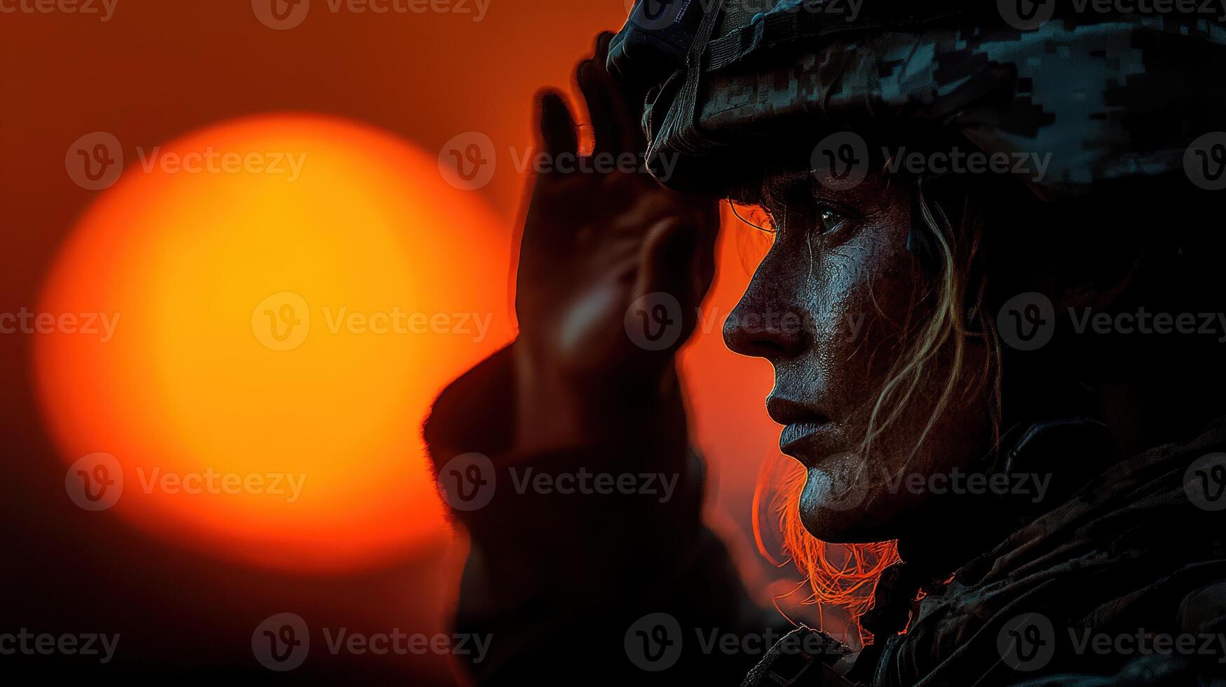 Soldier salutes the sunset while on duty at military base during evening hours photo