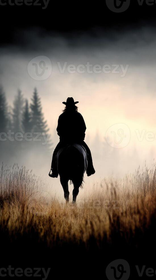 Rider on horseback journeys through misty landscape at dawn with trees in background photo