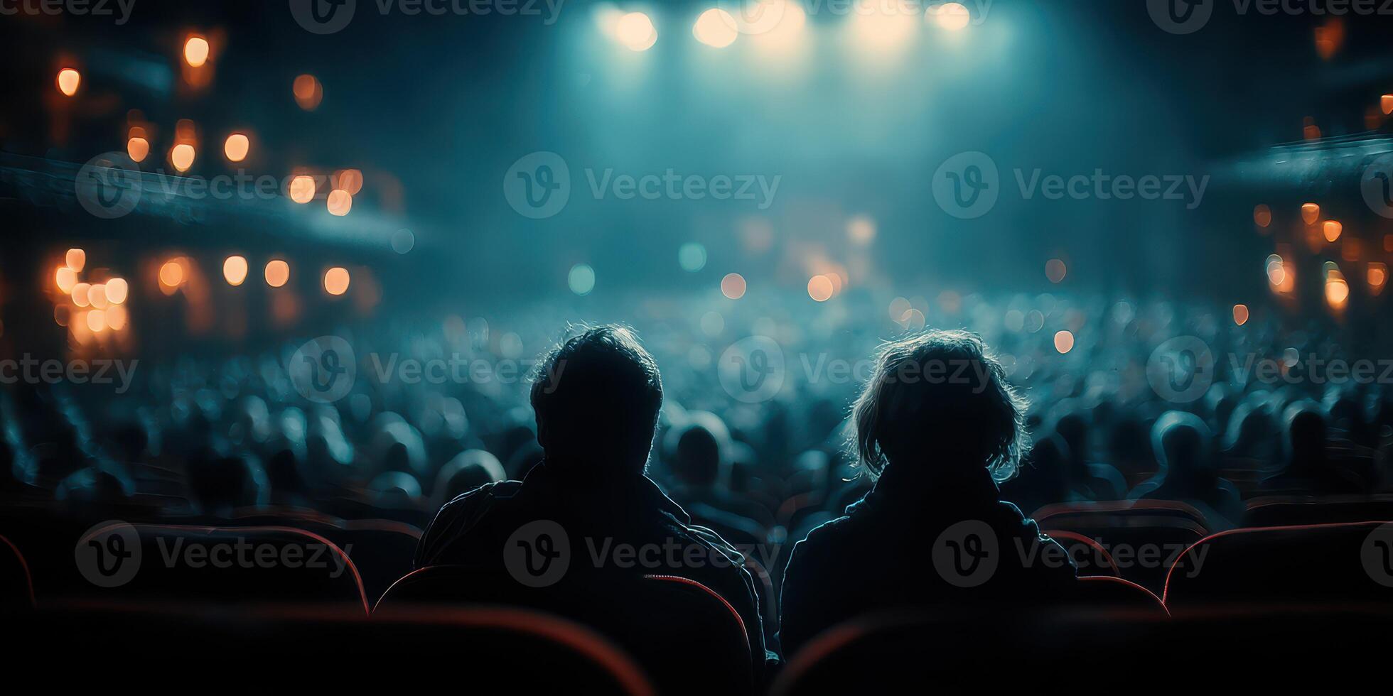 Couple enjoying live performance in a theater during evening event filled with an attentive audience and colorful lights photo