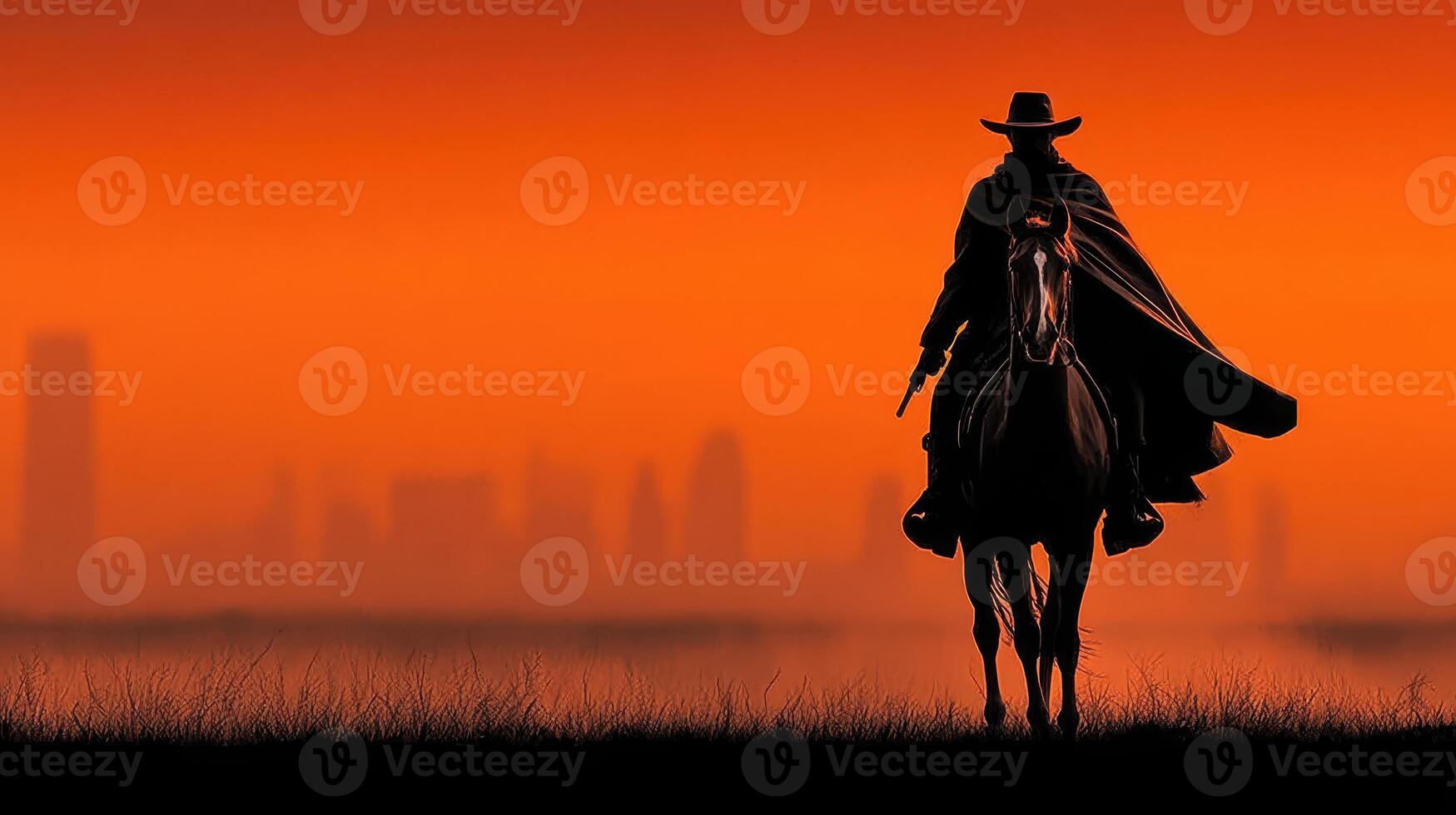 Cowboy silhouette rides horse against sunset skyline in urban landscape photo