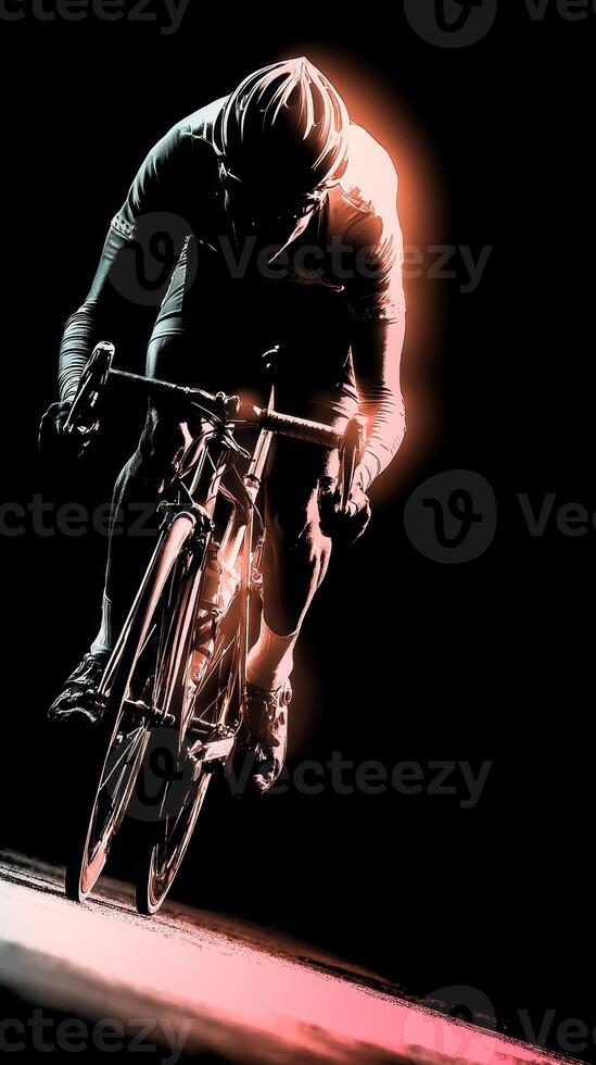 Cyclist racing at night with illuminated path, showcasing speed and determination in a competitive environment photo