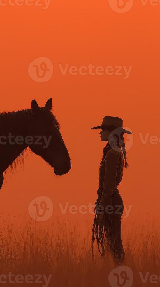 Silhouette of a woman and horse against a vibrant sunset sky in a serene rural setting photo