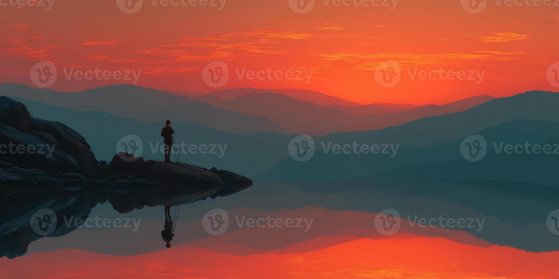 Photographer capturing colorful sunset over calm lake with mountains in the background photo