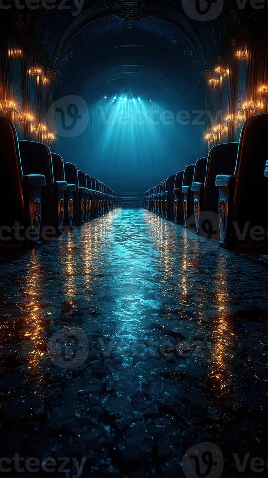 Dramatic atmosphere fills a vintage theater with illuminated seats and a reflective floor during a quiet moment before the performance photo