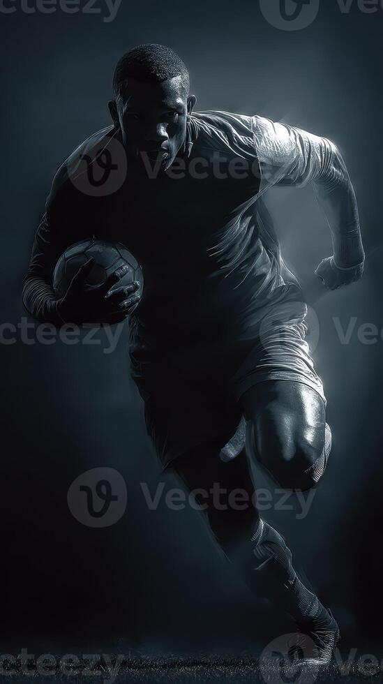 Intense football player sprinting with ball during training session at dusk photo