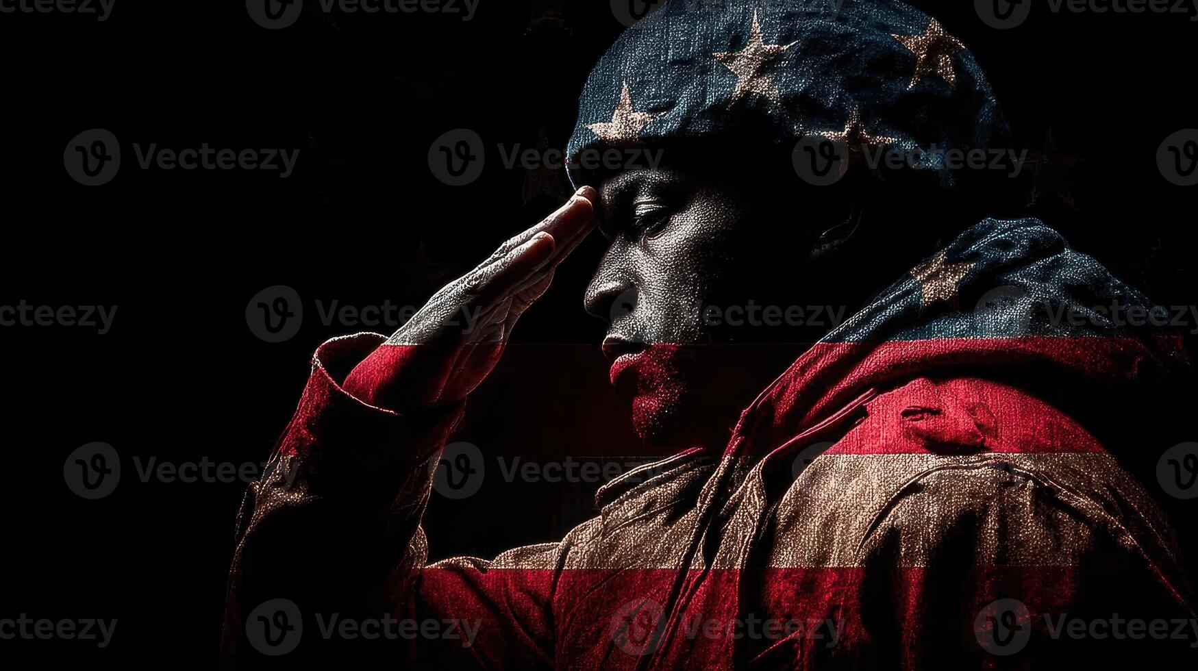 Soldier saluting with patriotic spirit at night showcasing American flag elements in the background photo
