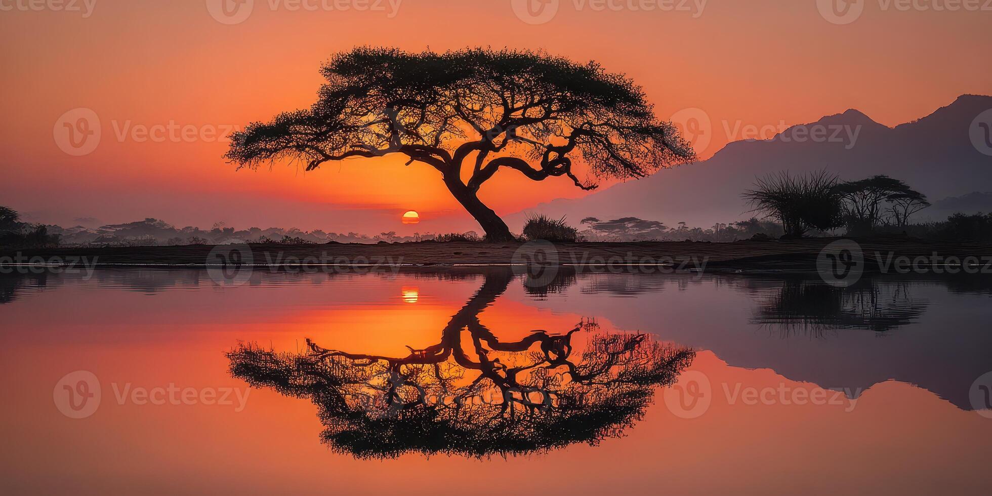 Sunset reflection of a tree by the lake with mountains in the background during golden hour photo