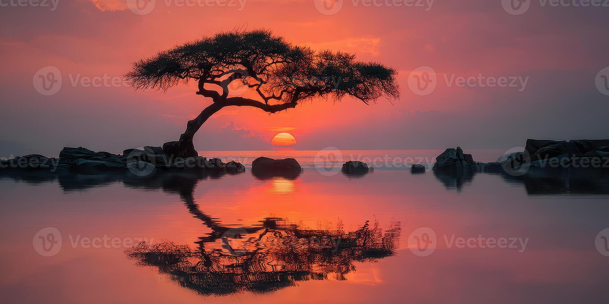 Sunset reflection over calm waters with a silhouetted tree on the shoreline during twilight hours photo